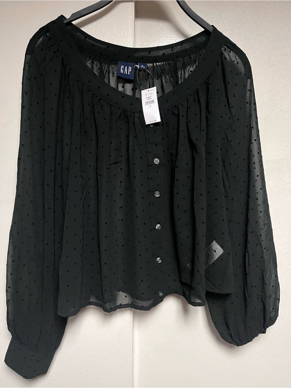 GAP Black Sheer Swiss Dot Button-Front Blouse